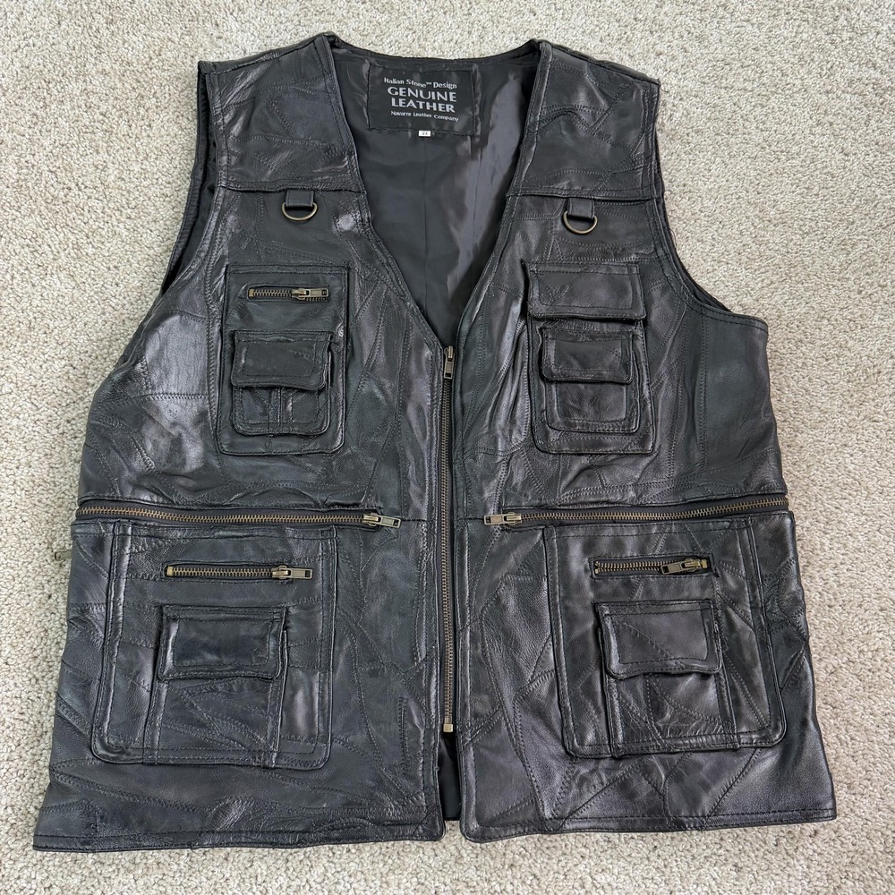 Italian Stone Design Vest Mens 2XL Black Leather Multi Pocket Zip Lined Biker